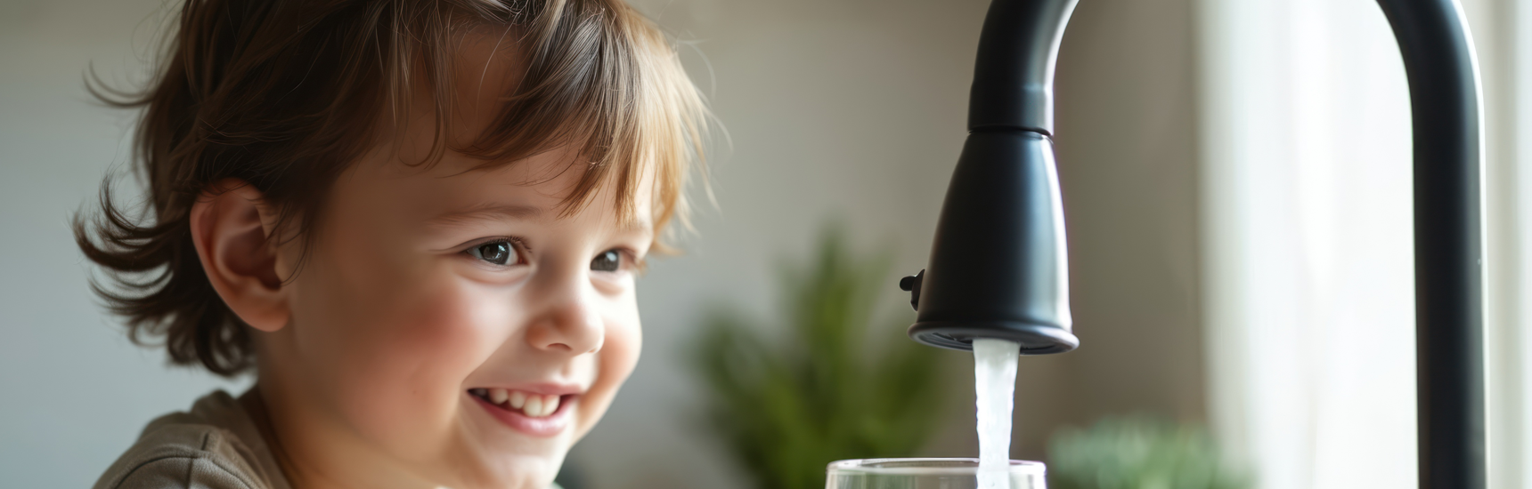 Bub mit Trinkglas am Wasserhahn - Viktor/adobe.stock.com - KI generiert Bub mit Trinkglas am Wasserhahn - Viktor/adobe.stock.com - KI generiert